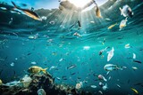 microplastic pollution in the ocean, with fish and plankton swimming among the plastic, created with generative ai