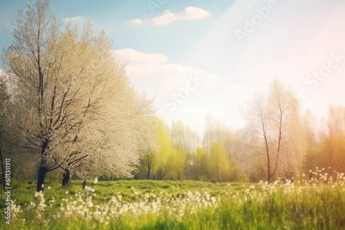 Beautiful blurred spring background nature with blooming glade trees and blue sky on a sunny day,