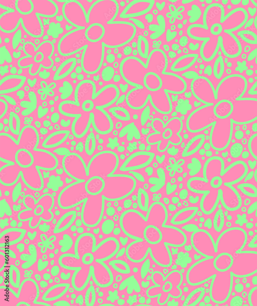 Fototapeta premium Abstract Hand Drawing Cute Retro Daisy Flowers and Dots Seamless Vector Pattern Isolated Background