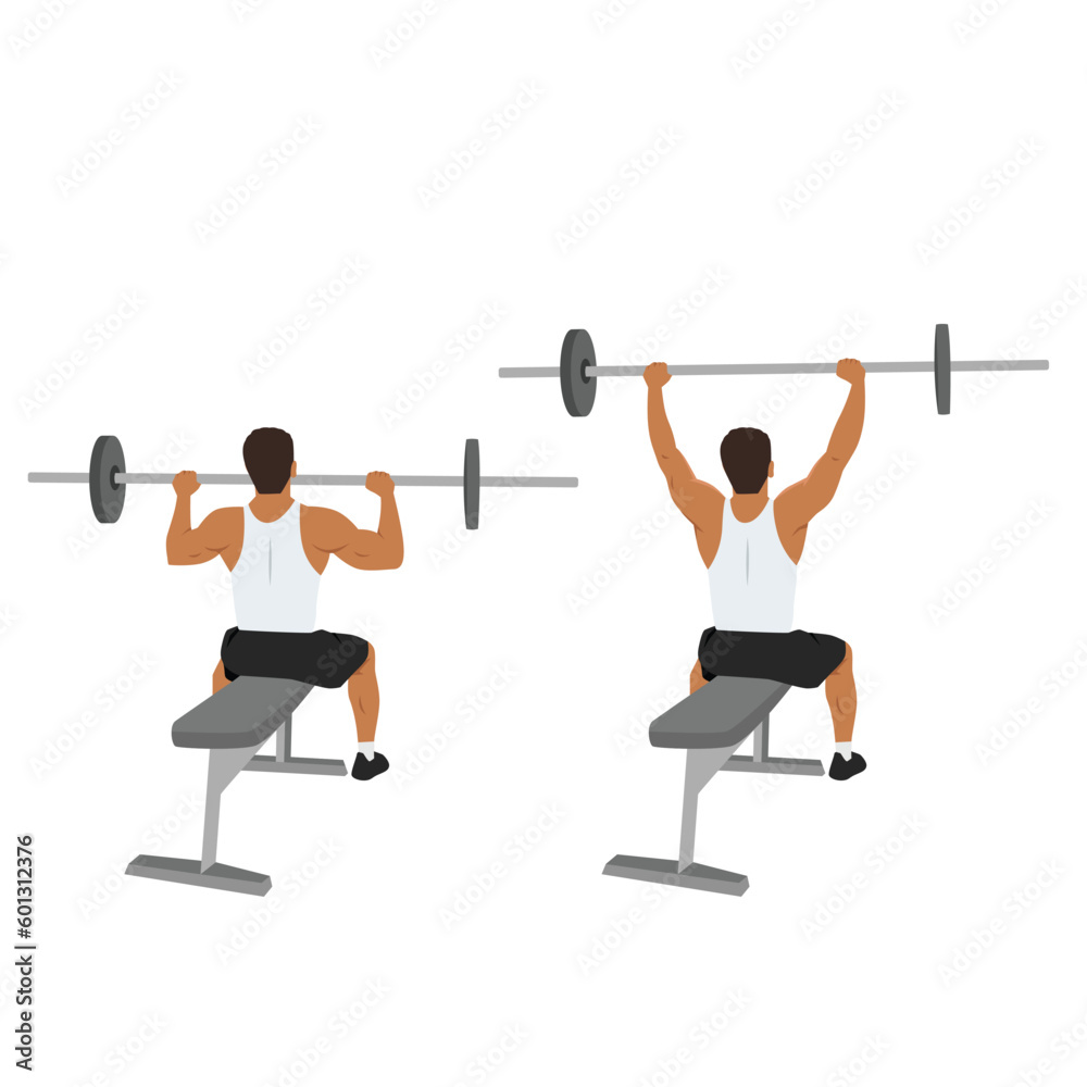 Man doing seated barbell military press exercise. Shoulder overhead press. Flat vector illustration isolated on white background Man doing seated barbell military press exercise. Shoulder overhead press. Flat vector illustration isolated on white background