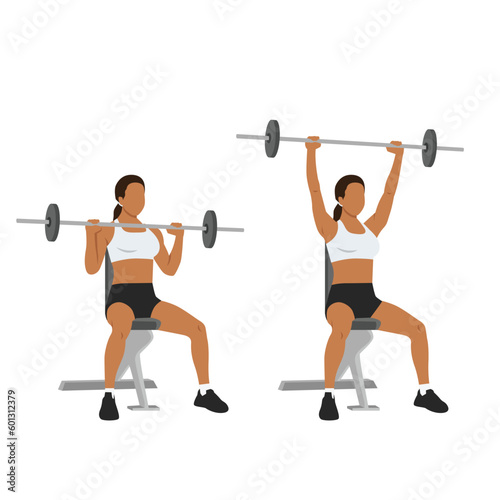 Woman doing seated barbell military press exercise. Shoulder overhead press. Flat vector illustration isolated on white background