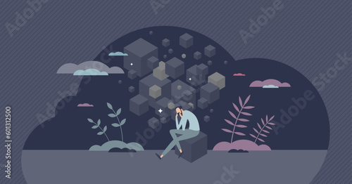 Mental health issues and clinical depression problem tiny person concept. Psychological disorder and mind diagnosis for anxiety, bipolar emotion and sad feelings vector illustration. Mood trouble.