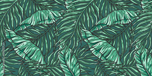 Tropical exotic green leaves or plant seamless pattern for summer background and beach wallpaper