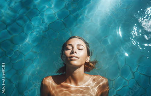 High angle view of woman relaxing in the swimming pool water with closed eyes. summer vacation. generative AI.