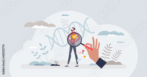 Personalized medicine as individual gene profile checkup tiny person concept. Disease, illness or health problems prevention with full DNA diagnosis vector illustration. Body expertise in hospital.