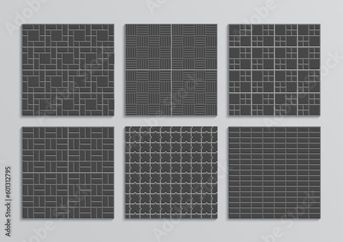 Paved floor seamless patterns set. Slab pavement texture. Collection of paver tiles. Decorative sidewalk. Cobblestone print. Garden stone footpath. Mosaic outdoor background. Vector illustration