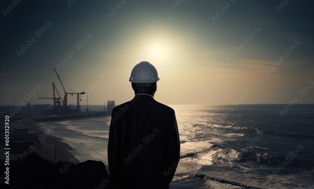 Fototapeta premium silhouette of engineer in safety hat standing in front of Offshore oil platform station, energy industry. Generative Ai.