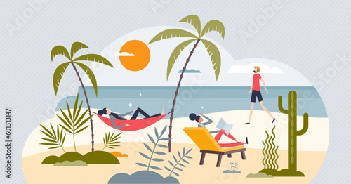 Relaxation and leisure with calm vacation at beach tiny person concept. Sleeping, reading and walking as peaceful mental relief for life balance and recreation vector illustration. Rest and be happy.