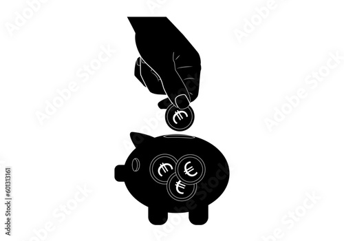 Icono de ahorro. Mano echando una moneda de euro dentro de una hucha cerdo llena con monedas de euro