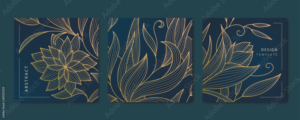 Vector set of abstract luxury golden square cards, post templates for social net, leaves botanical modern, art deco wallpaper background. Pattern, texture for print, fabric, packaging design - obrazy, fototapety, plakaty 