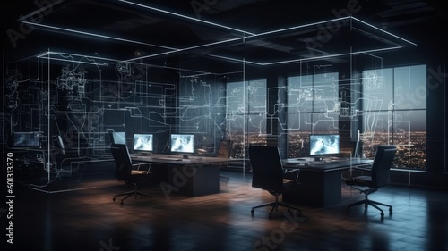 Comfortable and refined office space in a modern building. Dark muted tones, a wooden work desk with a desktop computer, expensive luxury finishing materials, huge floor-to-ceiling Generative AI