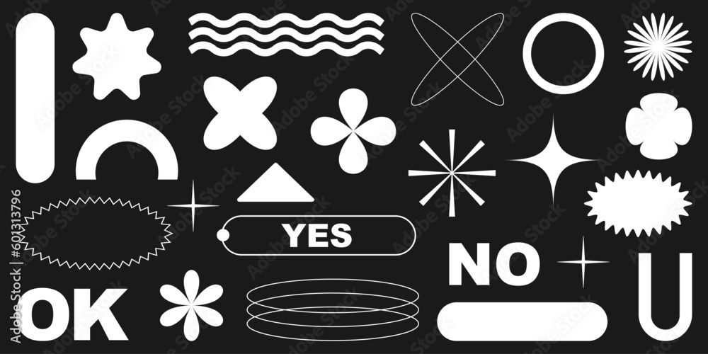 Fototapeta premium Shape set y2k style for banner. Shape set y2k style for decoaration.Simple shapes.Shape set y2k style for poster.Trendy 90s.Trendy geometric forms.Y2k aesthetic.