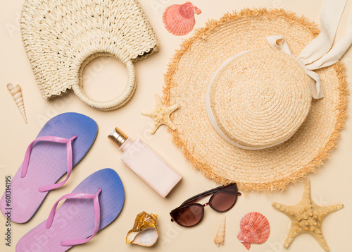 Beach accessories on color background, flat lay