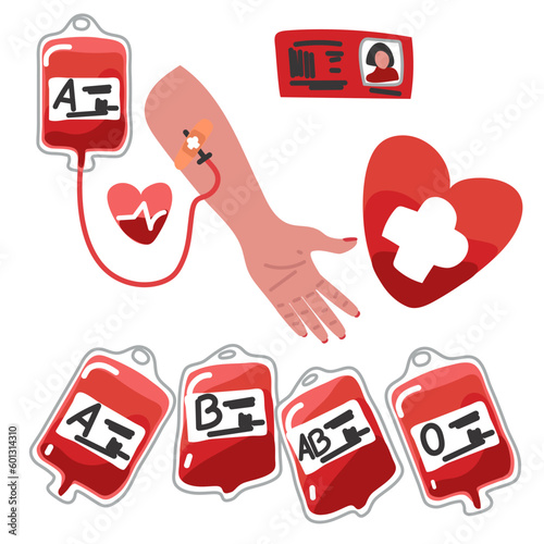 Blood transfusion, blood donation vector. A set of hematology icons. Blood donation, a healthcare concept. World Blood Donor Day. Patient's blood in bags, medical blood sampling, blood types