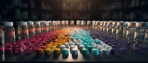 Medical pills with drug bottles. Generative AI