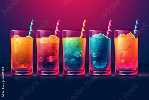 5 Sommer Cocktails / Drinks in Neonfarben. Querformat. Generative Ai. photo