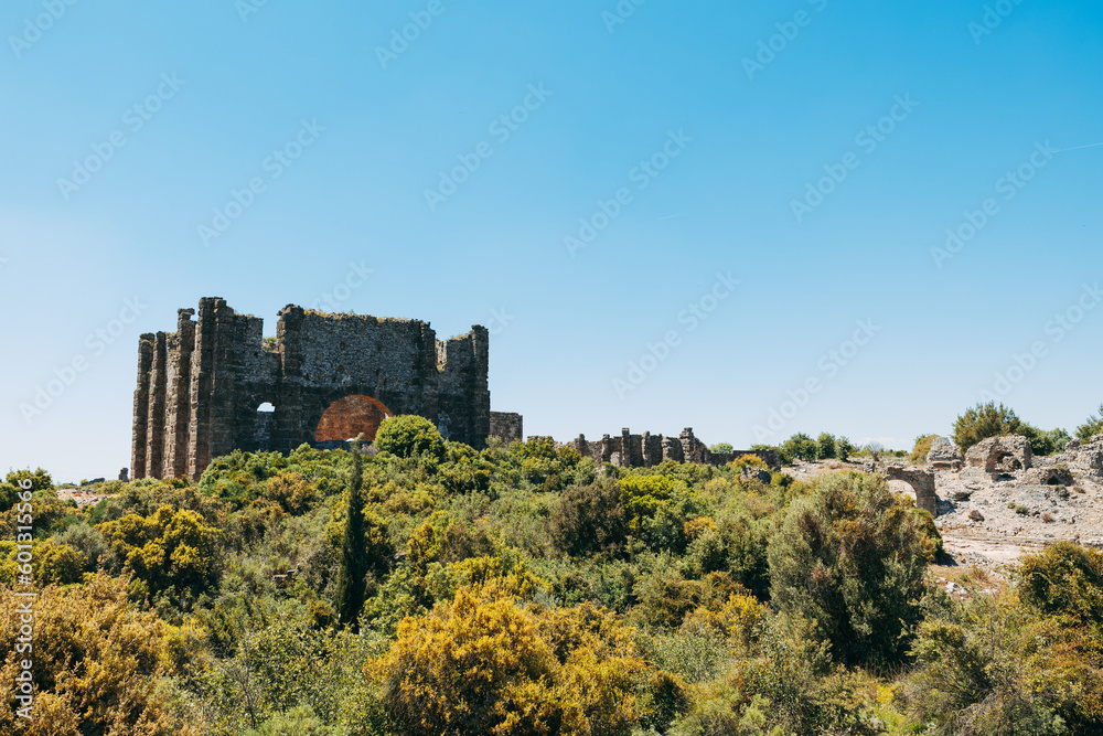 Aspendos Ancient City in Side, Antalya, Turkey: A photo showcasing the city's historical ruins, surrounding vegetation, and sky.