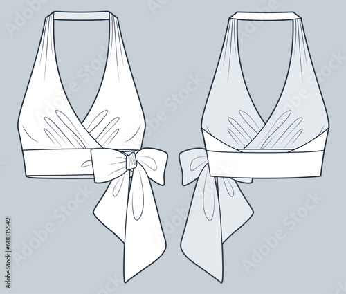 Knotted Top technical fashion Illustration. Halter Top fashion flat technical drawing template, draping, slim fit, front and back view, white, women CAD mockup.