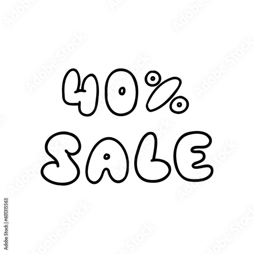 Hand written 40 percent sale black ink discount logo special offer lettering. Vector design illustration in outline flat doodle style isolated on white background. For discount, web site, banner, menu