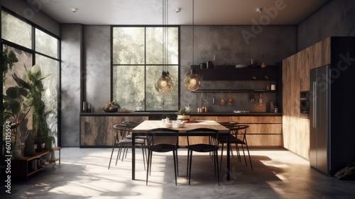 Spacious comfortable kitchen in white  gray and beige with large floor to ceiling windows. Dining table and chairs in the center. Modern kitchen style minimalism and loft. Generative AI