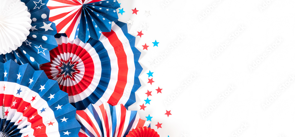 Obraz premium 4th of July, USA Presidents Day, Independence Day, Memorial day, US election concept. Red white and blue paper fans with stars confetti on white background. Flat lay, top view, copy space, banner