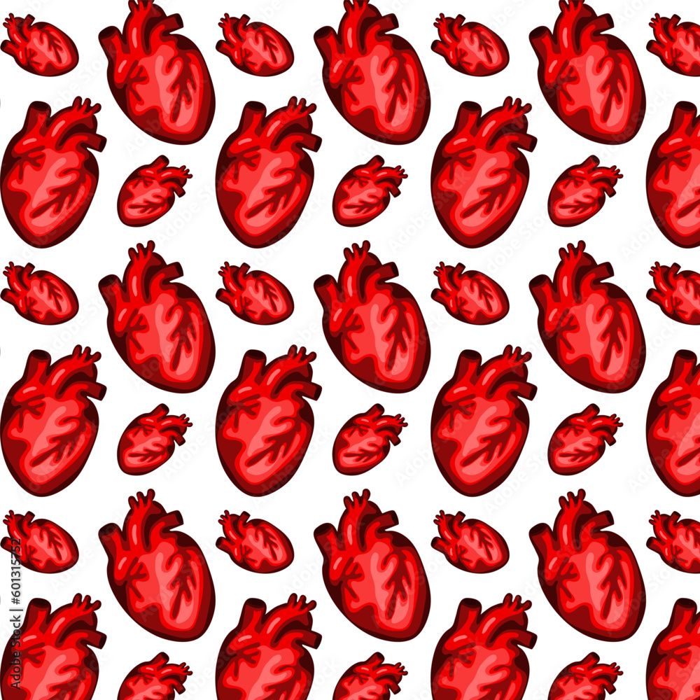 A pattern of the contour of human hearts and drops. Seamless pattern with hearts and drops, different hearts of different shades of red on a white background. Color transition. Printing on paper A pattern of the contour of human hearts and drops. Seamless pattern with hearts and drops, different hearts of different shades of red on a white background. Color transition. Printing on paper
