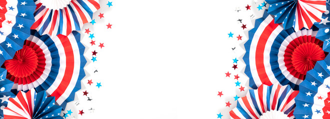 4th of July, USA Presidents Day, Independence Day, Memorial day, US election concept. Red white and blue paper fans with stars confetti on white background. Flat lay, top view, copy space, banner