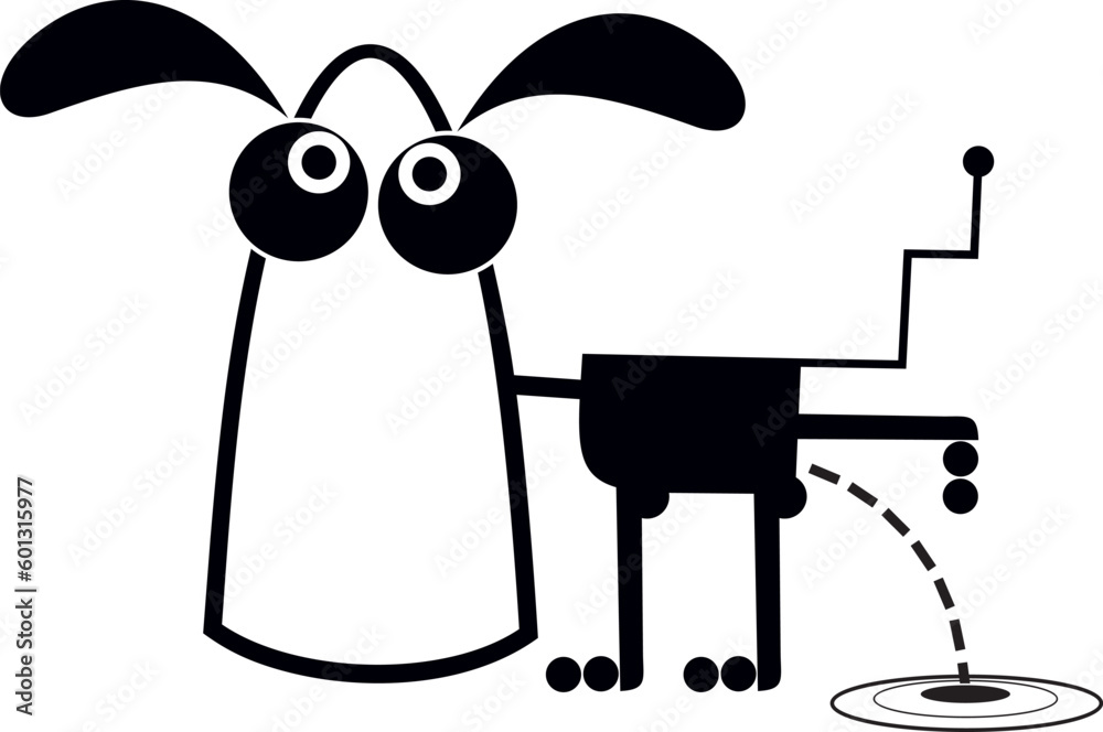 Cartoon funny dog peeing. Peeing dog or puppy with raised leg. Flat