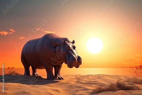 African hippopotamus for Africa Day at sunrise. AI generated.
