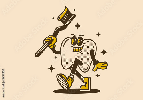 Vintage mascot character of tooth holding a tooth brush