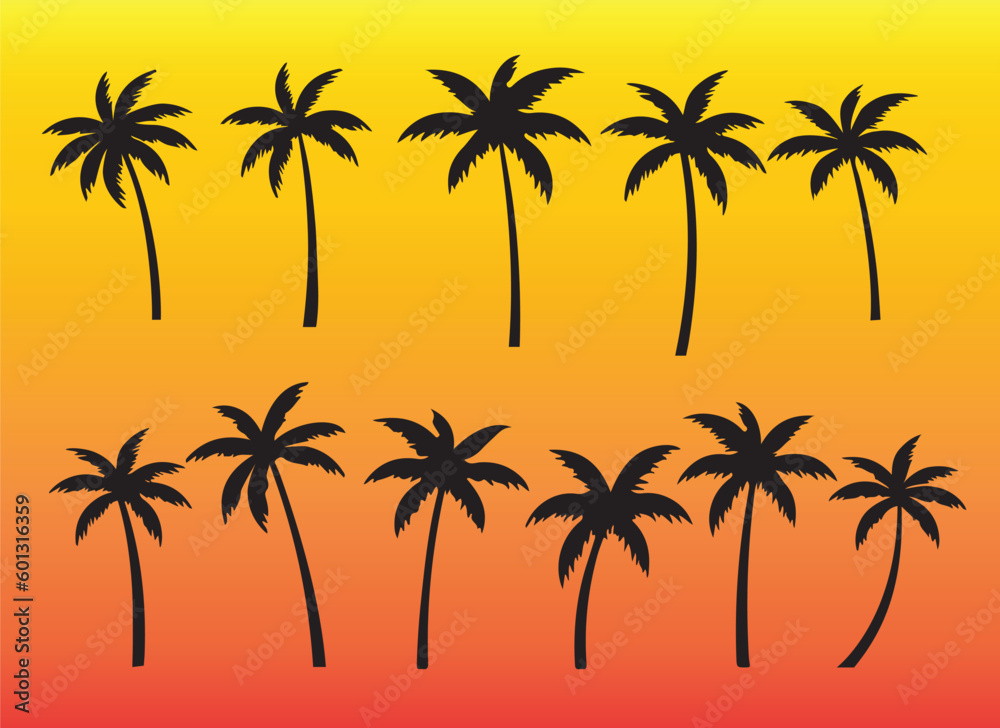 Black palm tree set sunset vector illustration on sunset background silhouette art png