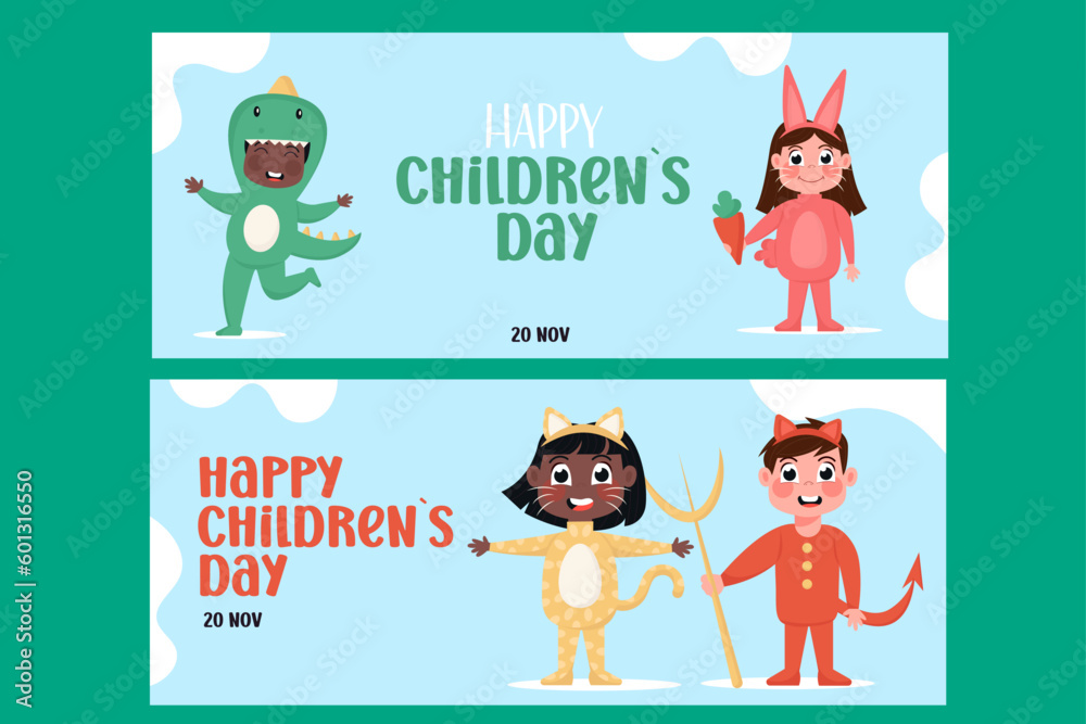 Fototapeta premium Flat style happy children's day horizontal banners set. International children in costumes