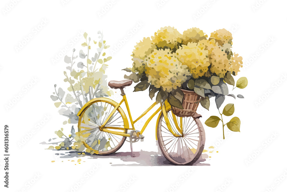 Watercolor of a yellow bicycle with flower. Vector illustration design.