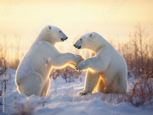 Photo two polar bears are playing with each other in the wild