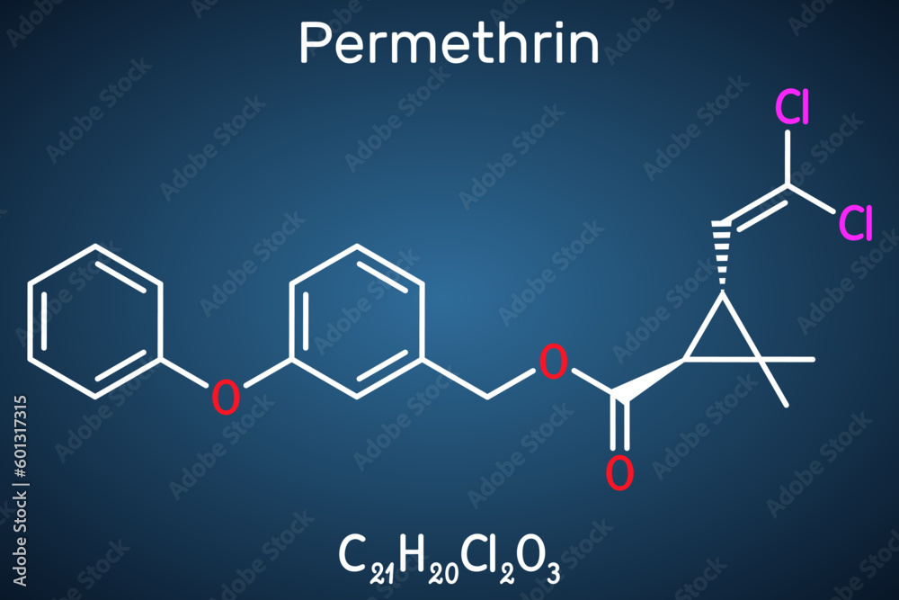 Permethrin molecule. It is insecticide and medication, used in treatment of lice infestations and scabies. Structural chemical formula on the dark blue background.