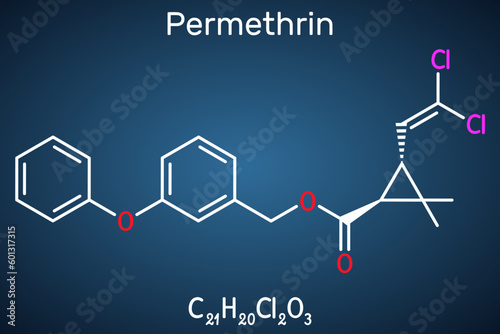 Permethrin molecule. It is insecticide and medication, used in treatment of lice infestations and scabies. Structural chemical formula on the dark blue background.