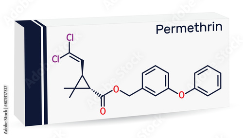 Permethrin molecule. It is insecticide and medication, used in treatment of lice infestations and scabies. Skeletal chemical formula. Paper packaging for drugs.