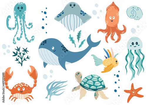 Cute underwater animals. Sea life elements. Whale  jellyfish  seashells  algae  fish  squid and turtle. Vector doodle cartoon set of marine life objects for your design.
