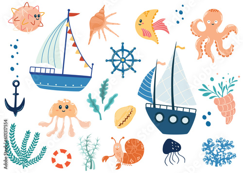 Sea life elements set. Childish funny clip arts. Sailboats, octopus, fish, crab, anchor, seashells and algae. Sea world. Ideal for children, printing, postcards, prints. Hand draw vector illustration