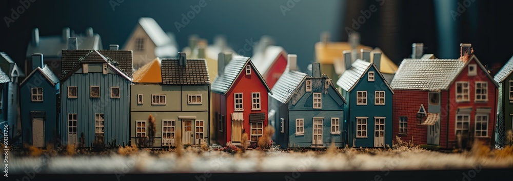 cute paper art of tiny minimalist houses area using a tilt-shift lens. banner for real estate communication. generative AI illustration.	