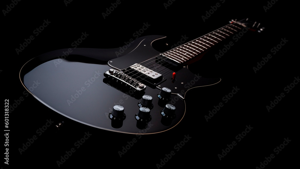 Sleek Black Electric Guitar on a Black Background - Ideal for Music Lovers and Rock Icons. Sleek Black Electric Guitar on a Black Background - Ideal for Music Lovers and Rock Icons.