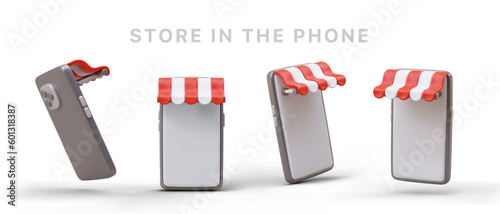 3D icons for online shopping. Set of smartphones with red and white canopy. Personal shopping apps symbol. Simple and convenient method of contactless payment