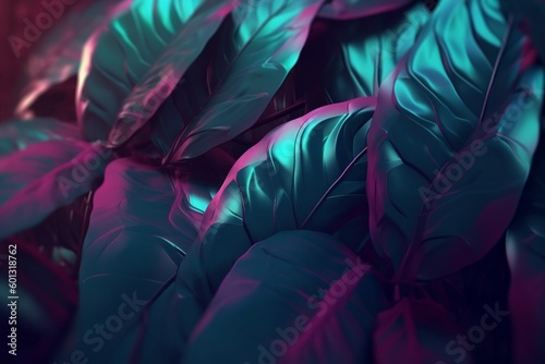 plant neon art fashion night jungle leaf purple exotic tropical background. Generative AI. © VICHIZH