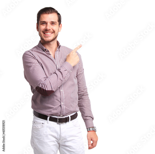 Fotografie Happy smiling young man presenting and showing your text or product isolated on