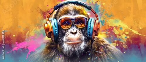 Portrait of a monkey with headphones on a colorful abstract background with empty space. Party concept. Generative AI