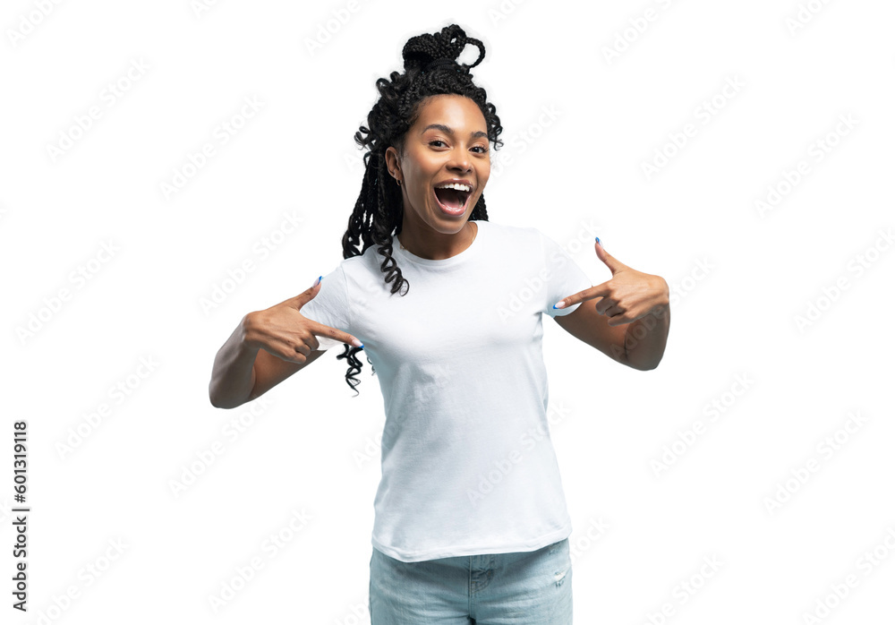 © opolja - Smiling African American woman wearing white t-shirt pointing finger at her t-shirt, satisfied young female client customer showing great shopping offer, sale, isolated on transparent background