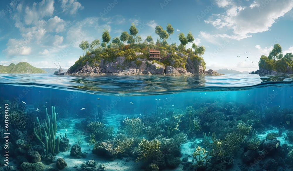 Tropical Island And Coral Reef - Split View With Waterline. Beautiful underwater view of lone small island above and below the water surface in turquoise waters of tropical ocean. Generative Ai.