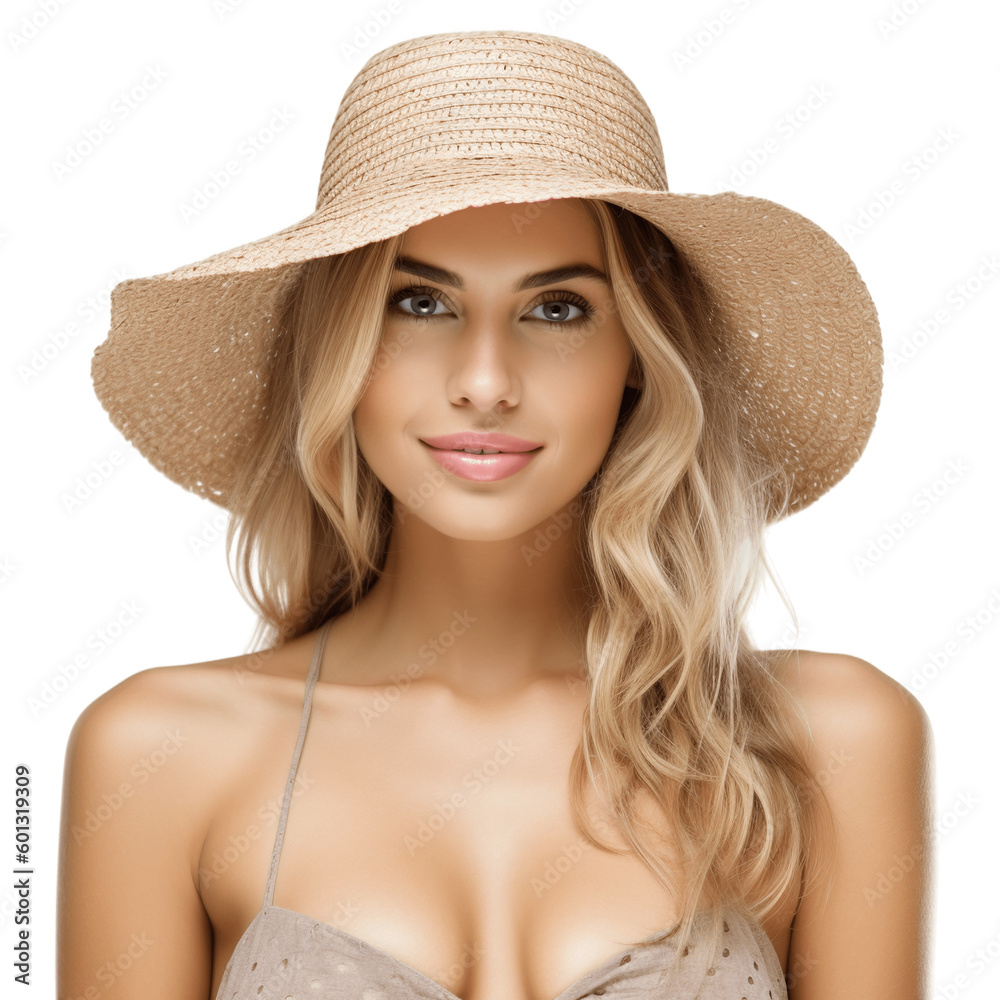 Portrait of a young, attractive, blond woman wearing bikini and straw hat. Isolated on transparent background, no background. Portrait of a young, attractive, blond woman wearing bikini and straw hat. Isolated on transparent background, no background.