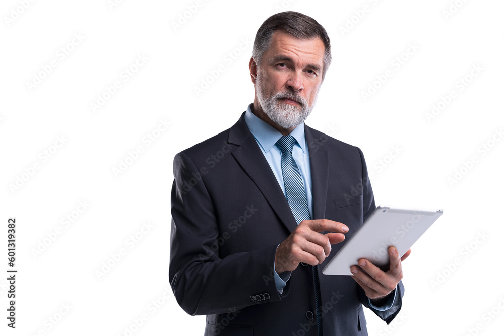 Portrait of aged businessman wearing suit and tie. Businessman in years standing on transparent background. Boss using tablet computer - obrazy, fototapety, plakaty 