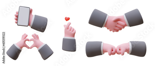 Gesture language in social networks. Set of 3D illustrations about positive user reactions. Love, friendship and relationships shown by non verbal signs. Communication by phone